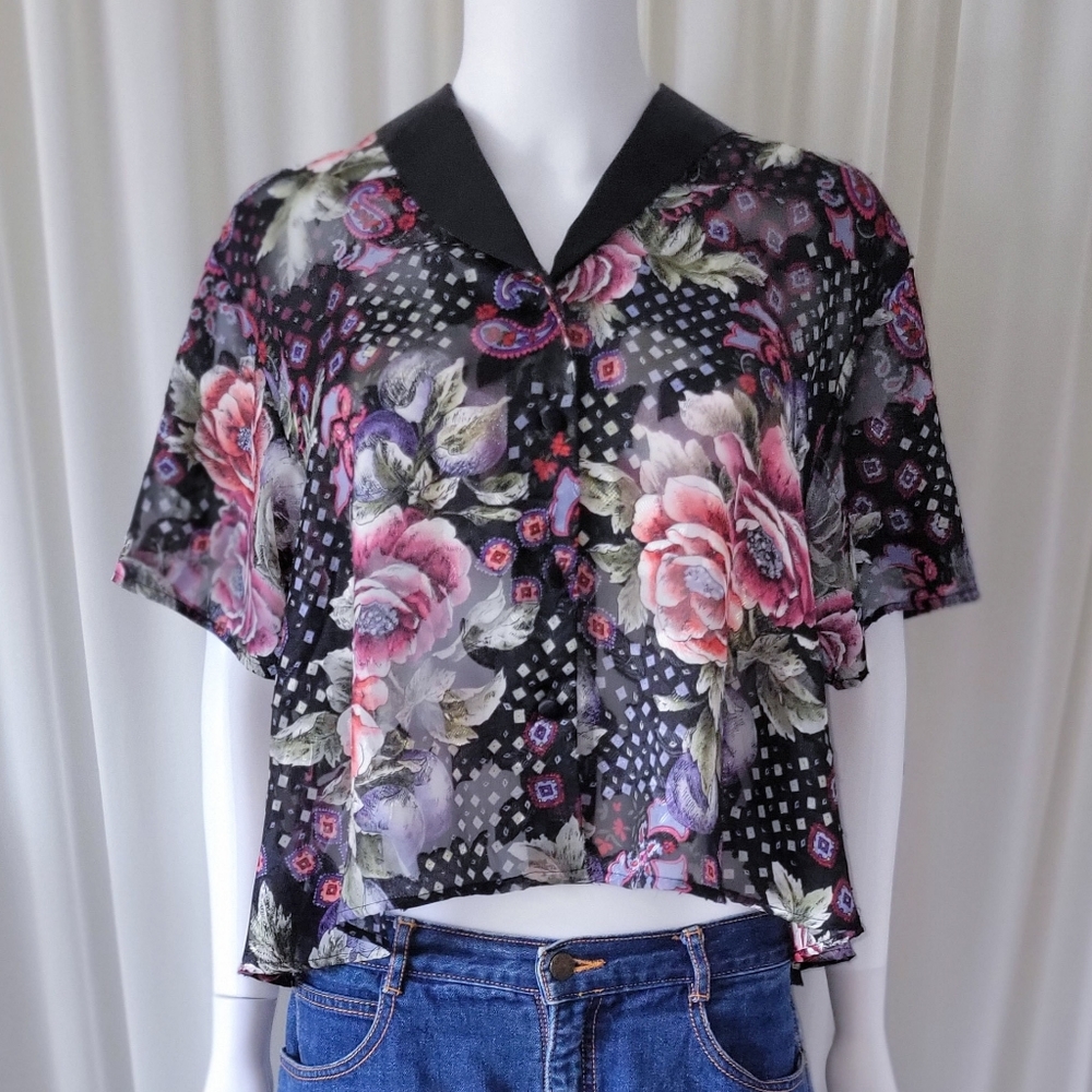 Vintage Top • Boxy Crop • Sheer Lingerie Blouse • Short Sleeve • Gold Label 80s
